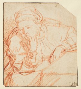 Saskia sentado em uma mesa, de Rembrandt van Rijn