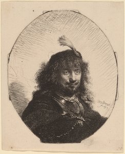 Autorretrato (?) com gorro emplumado e sabre rebaixado de Rembrandt van Rijn