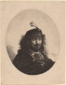 Autorretrato (?) com gorro emplumado e sabre rebaixado de Rembrandt van Rijn