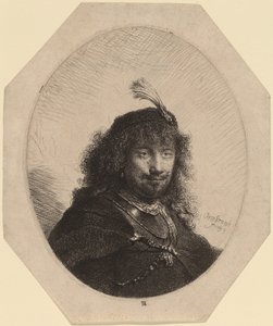 Autorretrato (?) com gorro emplumado e sabre rebaixado de Rembrandt van Rijn
