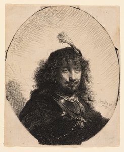 Autorretrato (?) com gorro emplumado e sabre rebaixado de Rembrandt van Rijn