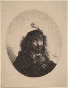 Auto-retrato () com gorro com plumas e sabre abaixado de Rembrandt van Rijn