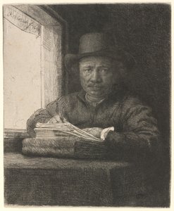 Desenho de autorretrato em uma janela de Rembrandt van Rijn