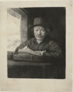 Gravura de autorretrato em uma janela de Rembrandt van Rijn