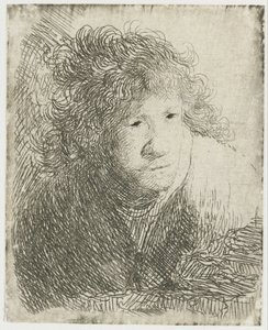 Auto-retrato, inclinando-se para a frente, ouvindo, 1628. de Rembrandt van Rijn