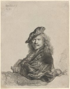 Auto-retrato apoiado em um peitoril de pedra de Rembrandt van Rijn