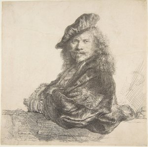 Auto-retrato, encostado em uma parede de pedra, 1639. de Rembrandt van Rijn