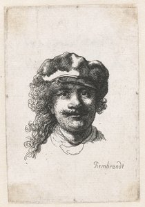 Auto-retrato usando um boné macio: rosto inteiro, apenas cabeça, c. 1635. de Rembrandt van Rijn