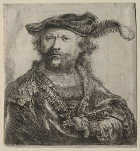 Auto-retrato em boné de veludo com Plume, 1638. de Rembrandt van Rijn