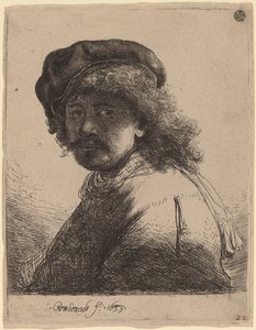 Autorretrato de boné e lenço com o rosto escuro de Rembrandt van Rijn