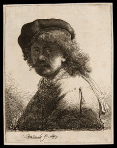 Autorretrato de boné e lenço com o rosto escuro: busto de Rembrandt van Rijn