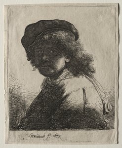 Auto-retrato em um boné e lenço com o rosto escuro: busto, 1633. de Rembrandt van Rijn
