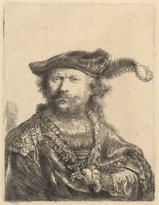 Auto-retrato em um gorro de veludo com pluma de Rembrandt van Rijn