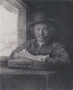 Auto-retrato, gravura em uma janela, 1648 (gravura e gravura em papel) de Rembrandt van Rijn