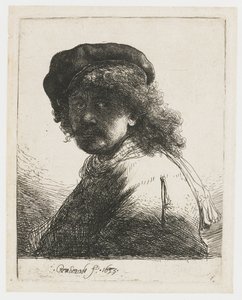 Autorretrato de boné e cachecol Autorretrato de boné e lenço com o rosto escuro: busto de Rembrandt van Rijn