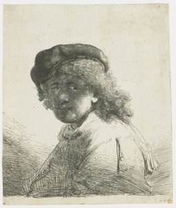 Autorretrato de boné e lenço com o rosto escuro: busto de Rembrandt van Rijn