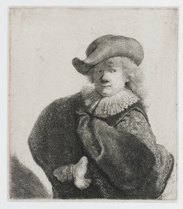 Auto-retrato com um chapéu macio e uma capa estampada de Rembrandt van Rijn