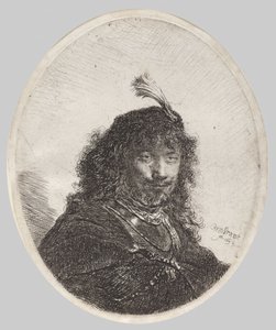 Auto-retrato com gorro emplumado e sabre abaixado de Rembrandt van Rijn