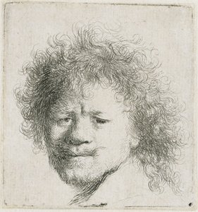 Auto-retrato com cabelo comprido e volumoso: apenas a cabeça de Rembrandt van Rijn