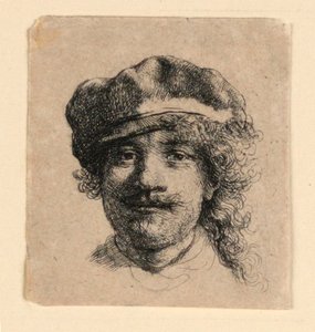 Auto-retrato usando um boné macio: rosto inteiro, apenas cabeça de Rembrandt van Rijn