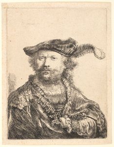 Autorretrato em um gorro de veludo com pluma de Rembrandt van Rijn