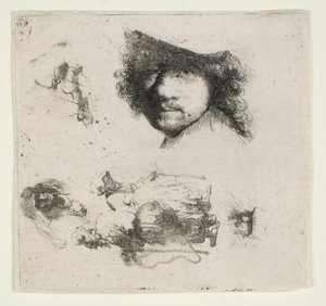Série de estudos: Cabeça do artista, um casal de mendigos, cabeças de um homem idoso e de uma mulher idosa, etc. de Rembrandt van Rijn