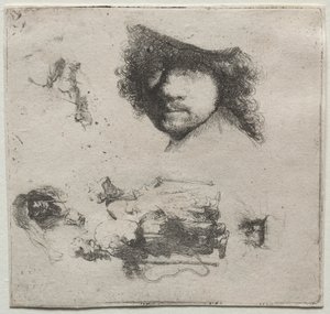 Folha de Estudos: Autorretrato, Casal de Mendigos, etc. de Rembrandt van Rijn
