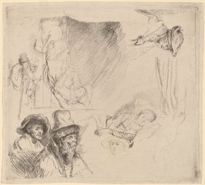 Folha de estudos incluindo uma mulher deitada doente na cama de Rembrandt van Rijn