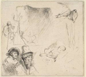 Folha de estudos com uma mulher deitada doente na cama, etc., ca. 164142. de Rembrandt van Rijn