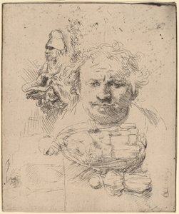 Folha de estudos com o chefe do artista, um mendigo e mulher e criança de Rembrandt van Rijn