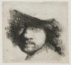 Folha de estudos: cabeça do artista de Rembrandt van Rijn