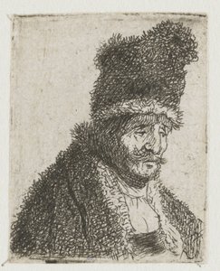 Folha com estudos da cabeça de homens: ancião com casaco de peles e gorro alto de Rembrandt van Rijn