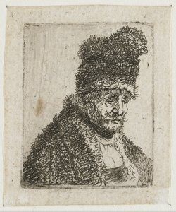 Folha com estudos da cabeça de homens: ancião com casaco de peles e gorro alto de Rembrandt van Rijn
