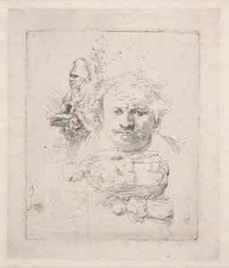 Folha com estudos da cabeça de Rembrandt, um mendigo, uma mulher e uma criança de Rembrandt van Rijn