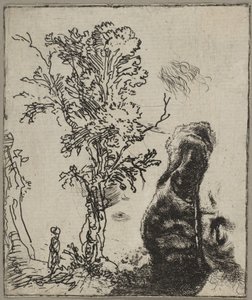 Folha com dois estudos: uma árvore e a parte superior de uma cabeça de Rembrandt usando um vel ..., ca. 1642 de Rembrandt van Rijn