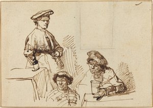 Esboços de uma taverna: mulher em pé e dois homens sentados de Rembrandt van Rijn