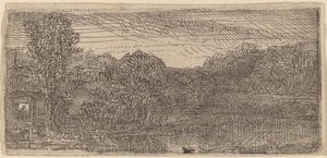 Pequena paisagem cinza: uma casa e árvores ao lado de uma piscina de Rembrandt van Rijn