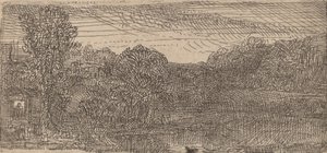 Pequena paisagem cinza: uma casa e árvores ao lado de uma piscina, c. 1640. de Rembrandt van Rijn