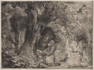 São Francisco a rezar debaixo de uma árvore de Rembrandt van Rijn