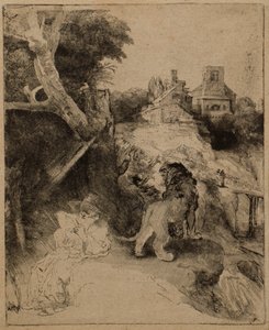 São Jerônimo lendo em uma paisagem italiana de Rembrandt van Rijn