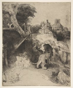 St. Jerome Reading em uma paisagem italiana, ca. 1653 de Rembrandt van Rijn
