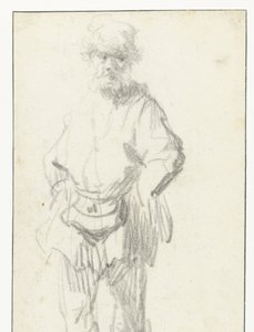 Homem em pé com uma bolsa de Rembrandt van Rijn