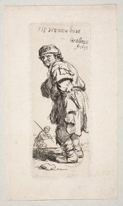 Camponês em pé, virado para a esquerda, e uma figura com um bastão ao fundo «Tis vinnich Kout» de Rembrandt van Rijn