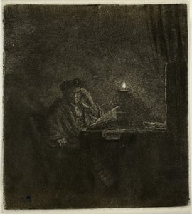 Estudante em uma mesa à luz de velas de Rembrandt van Rijn