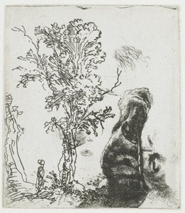 Folha de estudo com uma árvore e a parte superior da cabeça de Rembrandt com um quepe de Rembrandt van Rijn