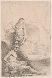 Estudos de nu: um homem sentado e outro de pé; com uma mulher e um bebé esboçados discretamente em segundo plano de Rembrandt van Rijn