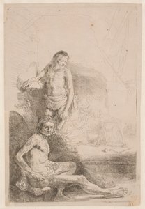 Estudos de nu: um homem sentado e outro de pé; com uma mulher e um bebé esboçados discretamente em segundo plano de Rembrandt van Rijn