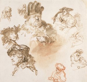 Estudos sobre cabeças de velhos e três mulheres com crianças, c.1635-36 (tinta e papel) de Rembrandt van Rijn