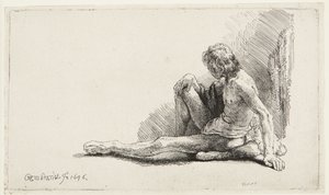 Estudo de nu (Homem sentado no chão) (Bartsch 196, segunda de duas versões; H. 221; Muntz 137 II) de Rembrandt van Rijn