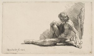 Estudo do Nu: Homem sentado no chão, com uma perna estendida, 1646. de Rembrandt van Rijn